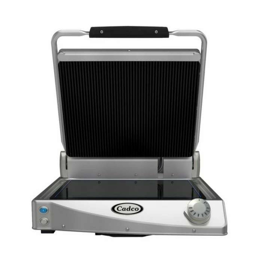 Countertop Cooking * | Panini Press Cadco Cpg-15 Jumbo Single Panini Grill With Ribbed Top, Black Glass Ceramic Plates, 204-308V