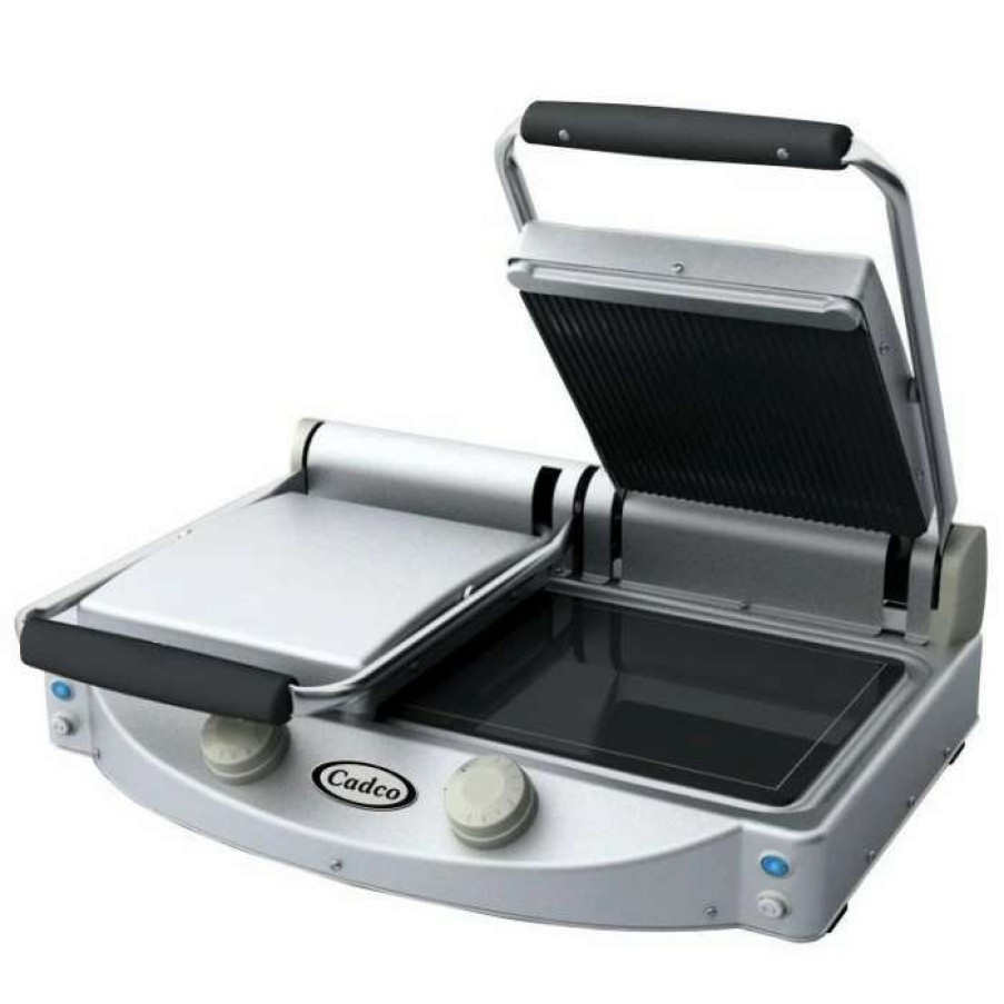 Countertop Cooking * | Panini Press Cadco Cpg-20 Double Panini Grill With Ribbed Top, Black Glass Ceramic Plates, 208-240V