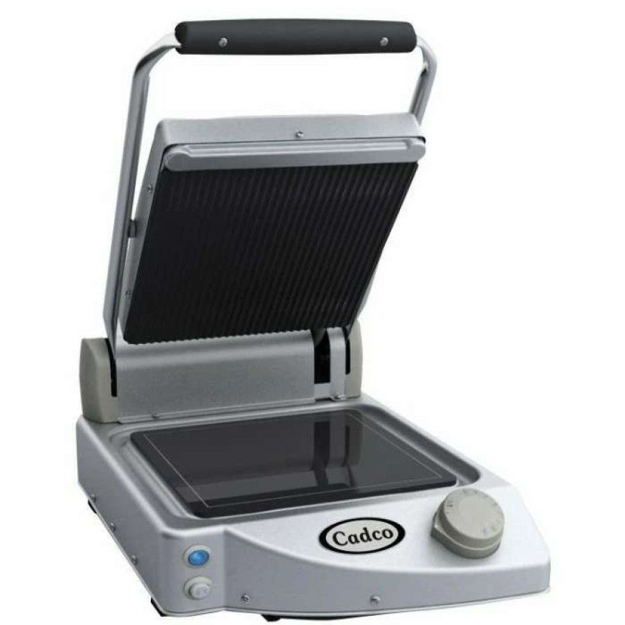 Countertop Cooking * | Panini Press Cadco Cpg-10 Single Panini Grill With Ribbed Top, Black Glass-Ceramic Plates, 120V